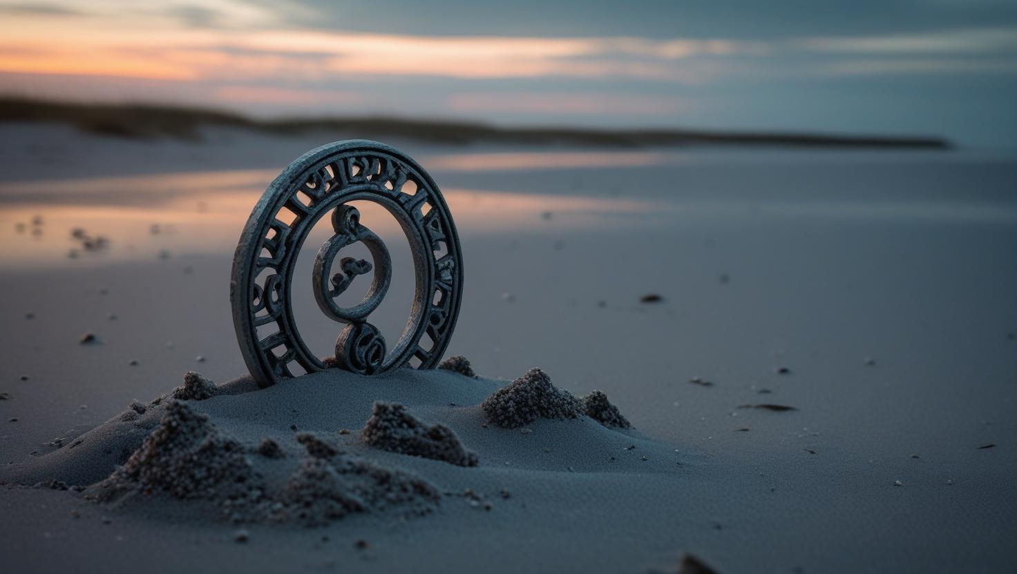 créer une image un peu mystérieuse et sombre avec un cryptogramme orné en métal posé dans le sable sur une plage. il prend qu’une petite partie de l’image